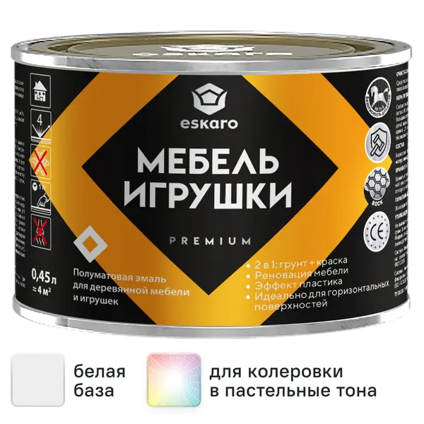 Краска для мебели и игрушек моющаяся Eskaro Toys & Furniture полуматовая цвет белый база А 0.45 л