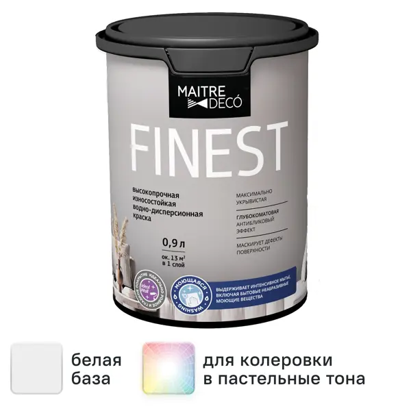 Краска для стен и потолков Maitre Deco Finest матовая белая база А 0.9 л