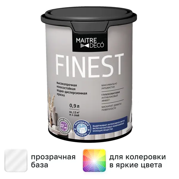 Краска для стен и потолков Maitre Deco Finest матовая прозрачная база C 0.9 л