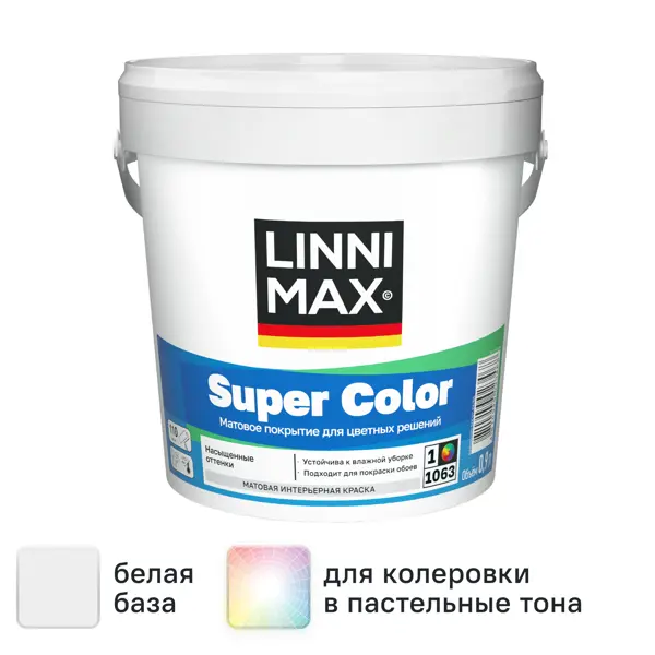 Краска для стен и потолков моющаяся Linnimax Super Color матовая цвет белый база A 0.9 л