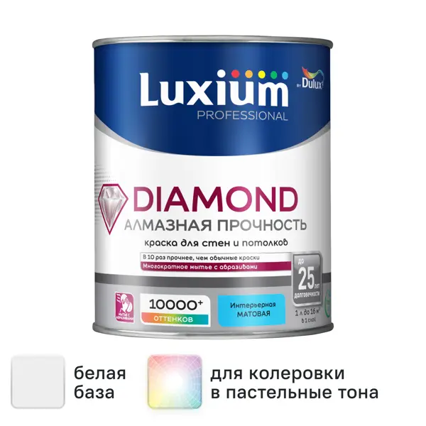 Краска для стен и потолков моющаяся Luxium Diamond матовая цвет белый база BW 1 л