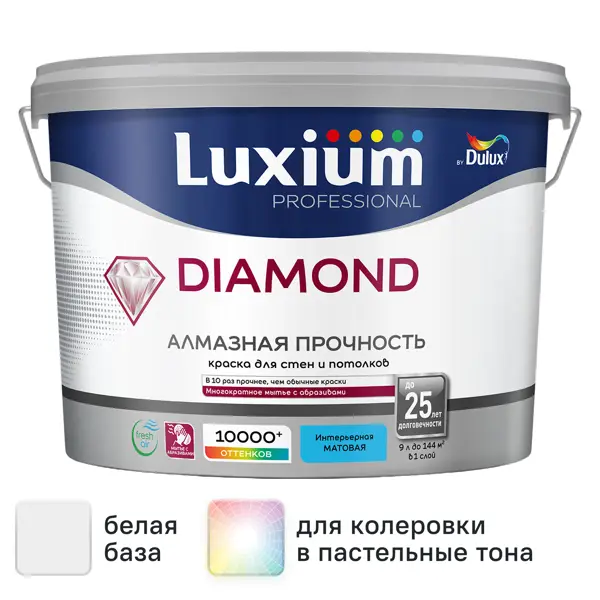 Краска для стен и потолков моющаяся Luxium Diamond матовая цвет белый база BW 9 л