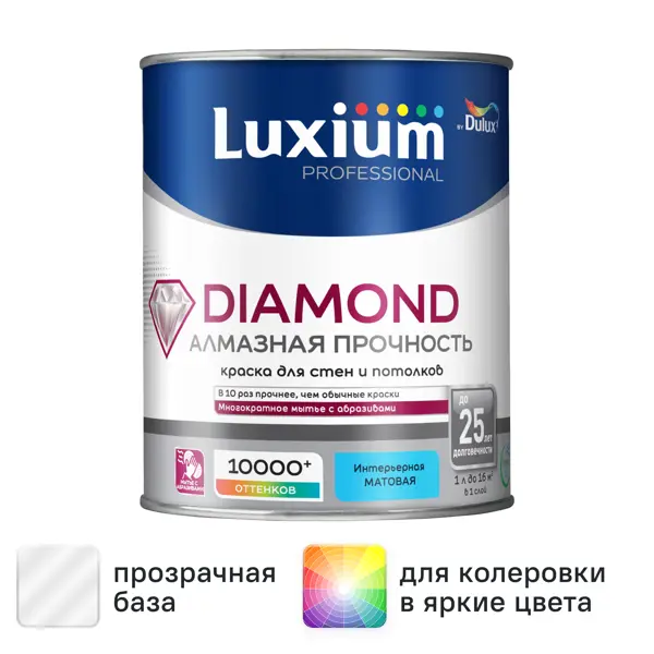 Краска для стен и потолков моющаяся Luxium Diamond матовая цвет прозрачный база BC 0.9 л