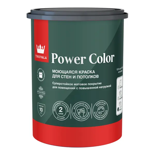 Краска для стен и потолков моющаяся Tikkivala Power Color матовая цвет белый база A 0.9 л