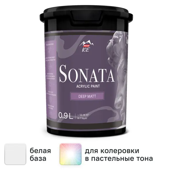 Краска для стен и потолков Parade Sonata Deep Matt моющаяся глубокоматовая цвет белый база А 0.9 л