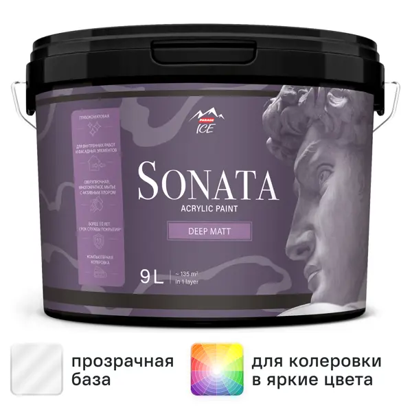 Краска для стен и потолков Parade Sonata Deep Matt моющаяся глубокоматовая прозрачная база С 9 л