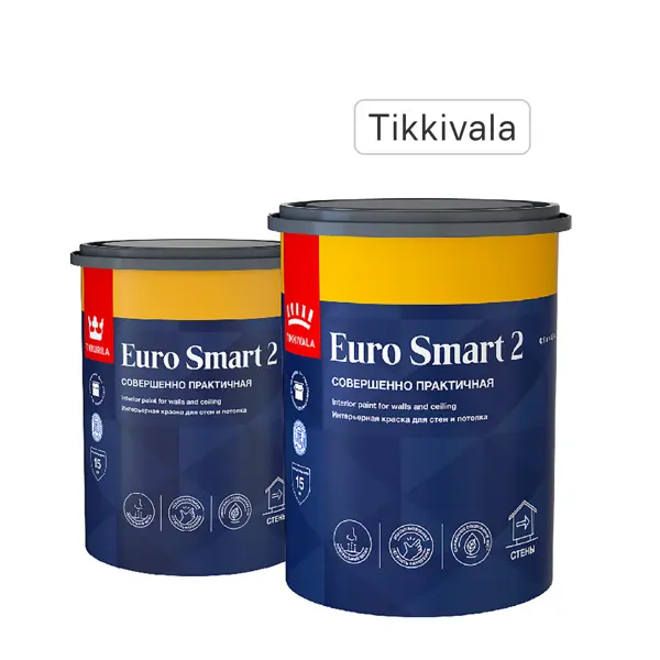 Краска для стен и потолков Tikkivala Euro Smart 2 глубокоматовая цвет белый база A 0.9 л