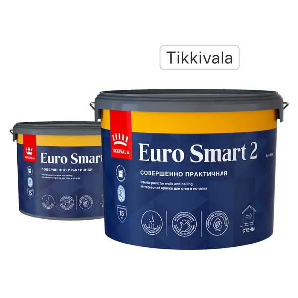 Краска для стен и потолков Tikkivala Euro Smart 2 глубокоматовая цвет белый база А 9 л