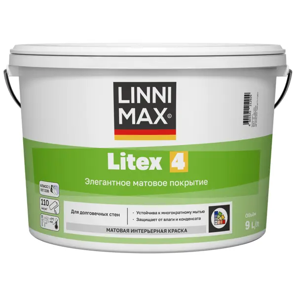 Краска для внутренних покрытий моющаяся Linnimax Litex 4 Б3 матовая цвет прозрачный база C 9 л