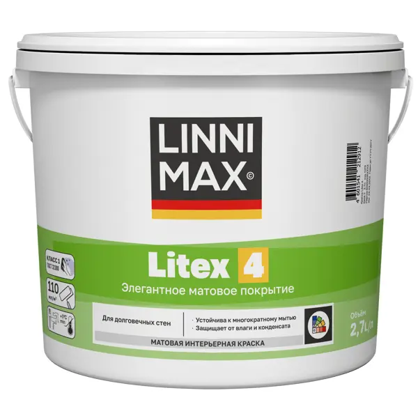 Краска для внутренних покрытий моющаяся Linnimax Litex 4 Б3 матовая цвет прозрачный база C 2.7 л