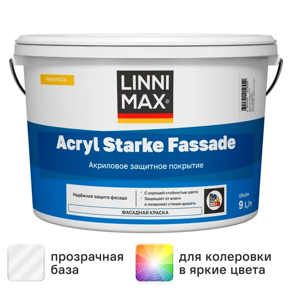 Краска фасадная Linnimax Acryl SF матовая цвет прозрачный база C 9 л
