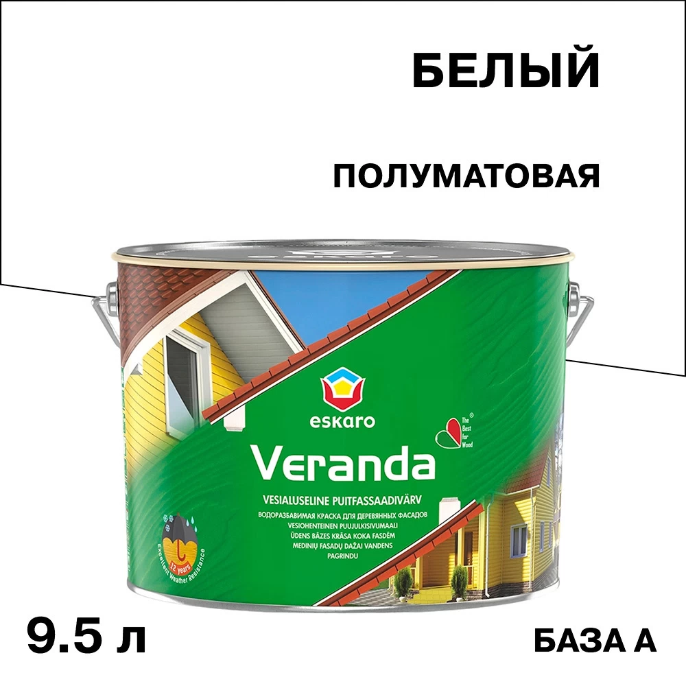 Краска фасадная по дереву Eskaro Veranda масляно-акриловая база A белая 9,5 л