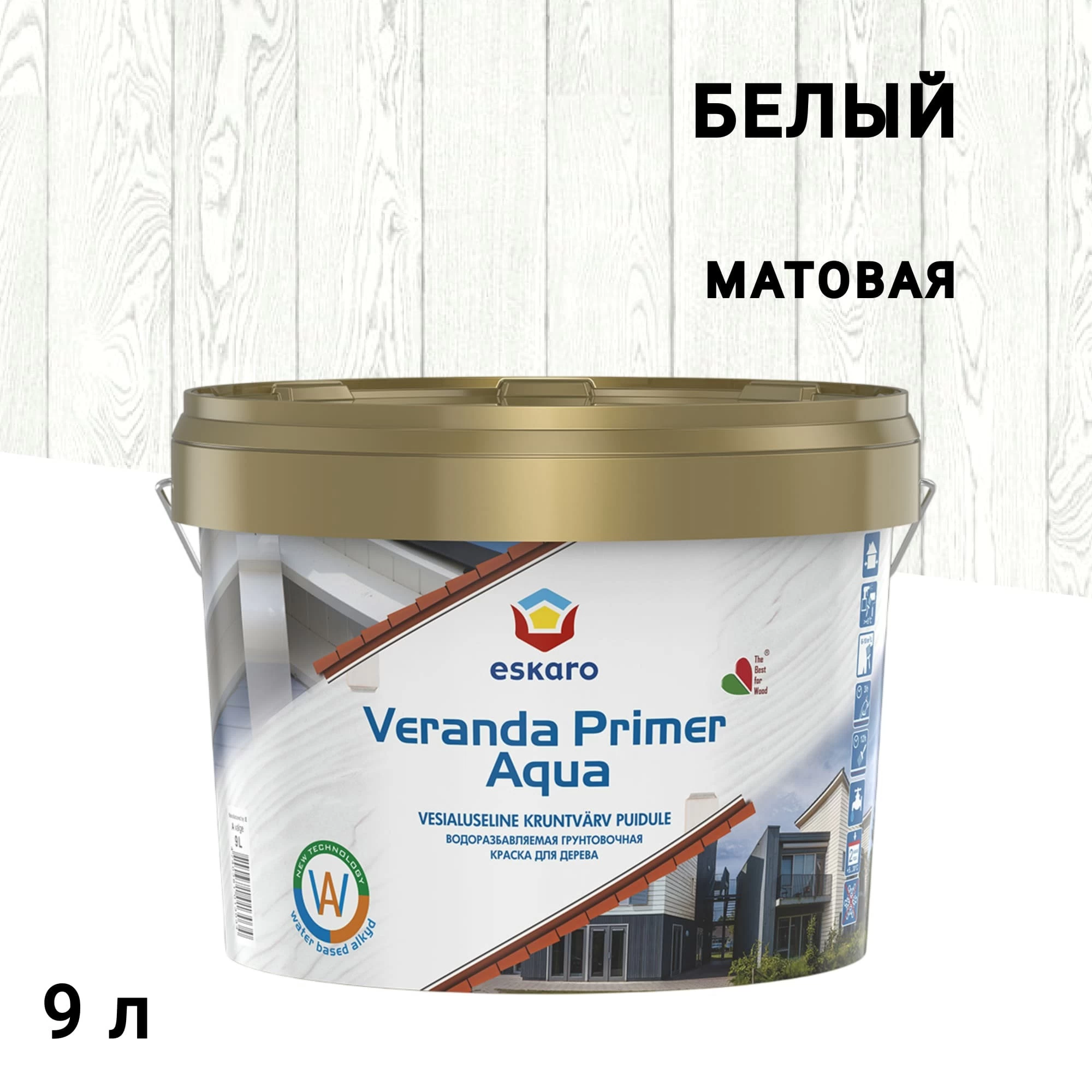 Краска-грунт фасадная по дереву Eskaro Veranda белая 9 л