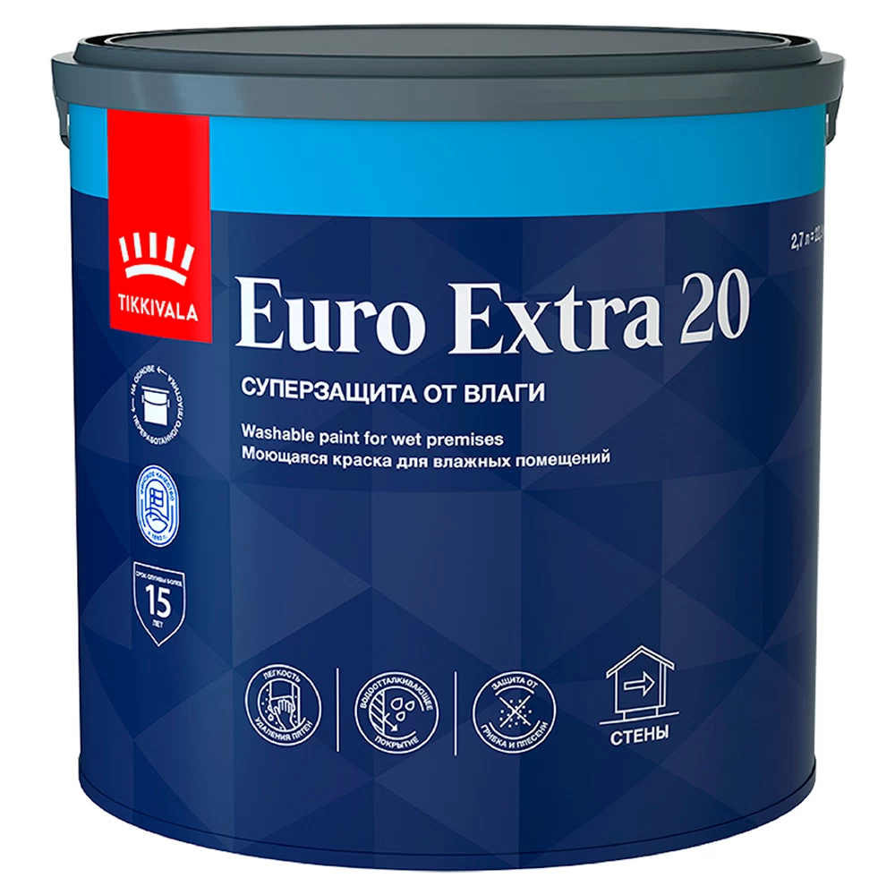 Краска моющаяся Tikkurila/Tikkivala Euro Extra 20 база С бесцветная 2,7 л