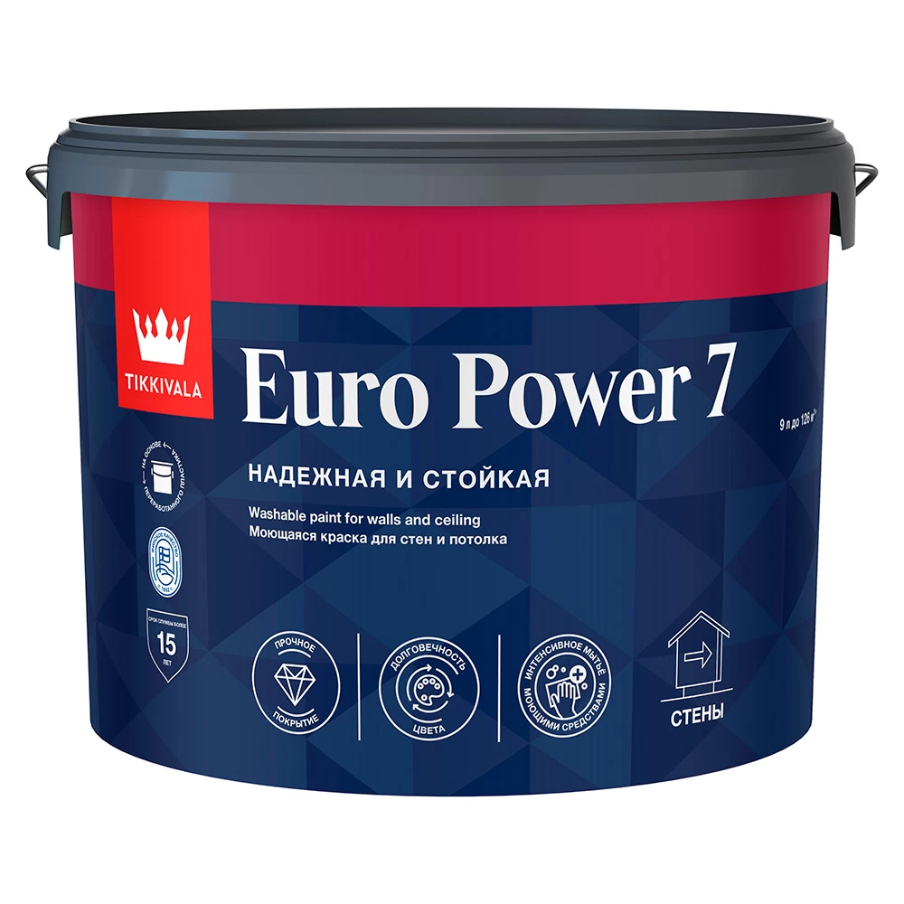 Краска моющаяся Tikkurila/Tikkivala Euro Power 7 база А белая 9 л