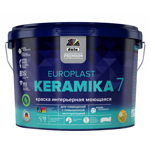 краска в/д DUFA Premium EuroPlast Keramika 7 база 3 для стен и потолков 9л б/ц, арт.МП00-006969