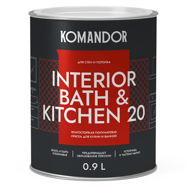 краска в/д KOMANDOR Interior Bath&Kitchen 20 база А полуматовая 0,9 л белая, арт.S1305001001