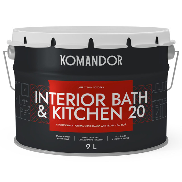 краска в/д KOMANDOR Interior Bath&Kitchen 20 база А полуматовая 9 л белая, арт.S1305001010