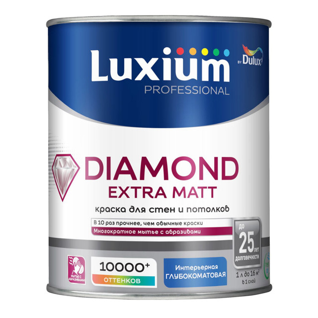 краска в/д LUXIUM Professional Diamond Extra matt база BC для стен и потолков 0,9л бесцветная, арт.5