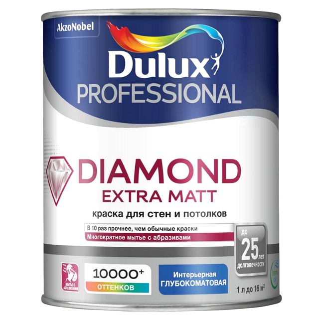 краска в/д LUXIUM Professional Diamond Extra matt база BW для стен и потолков 1л белая, арт.50034527