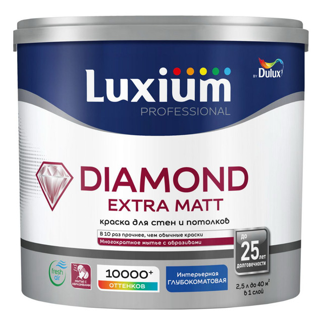 краска в/д LUXIUM Professional Diamond Extra matt база BW для стен и потолков 2,5л белая, арт.500345