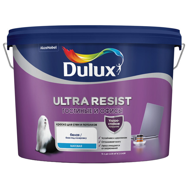 краска в/д LUXIUM Ultra Resist Гостиные и Офисы база BW для стен и потолков 9л белая, арт.50034541