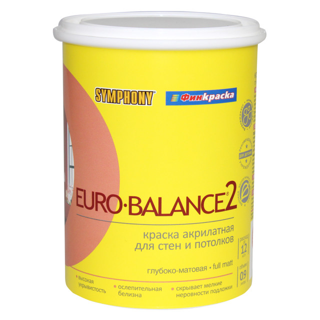 краска в/д SYMPHONY Euro-balance 2 база А глубокоматовая 0,9л белая, арт.1100281