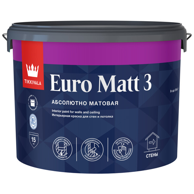 краска в/д TIKKIVALA Euro Matt 3 база A 9л белая, арт.700001114