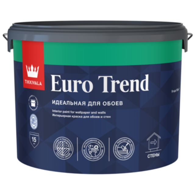 краска в/д TIKKIVALA Euro Trend для обоев и стен база A матовая 9л белая, арт.700009620
