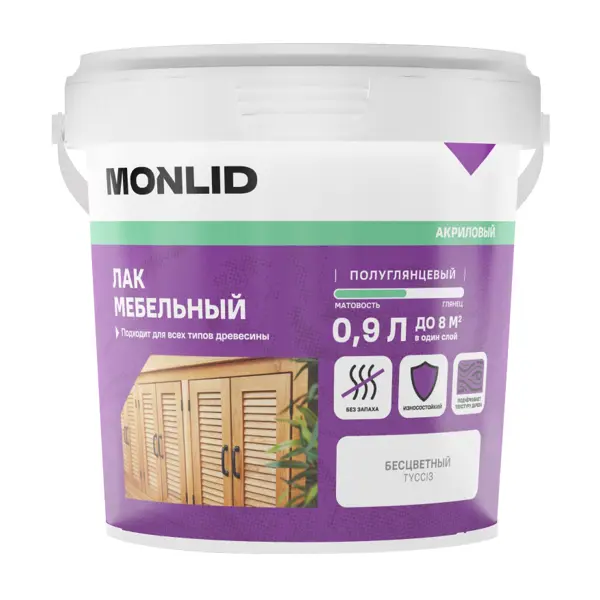 Лак для мебели акриловый MONLID цвет прозрачный полуглянцевый 0.9 л