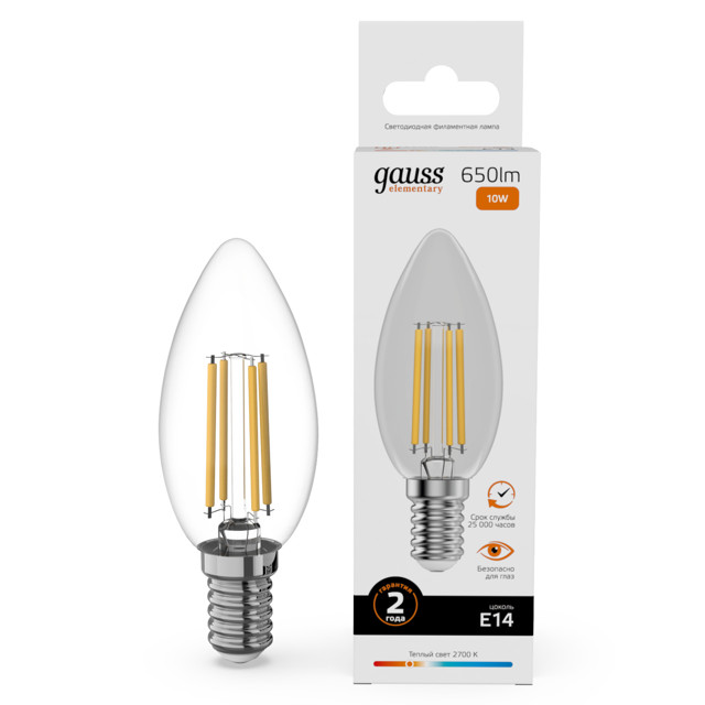 лампа филаментная GAUSS Filament Elementary 10Вт Е14 650Лм 2700К свеча C35