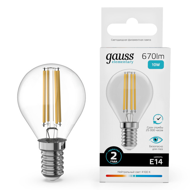 лампа филаментная GAUSS Filament Elementary 10Вт Е14 670Лм 4100К шар G45