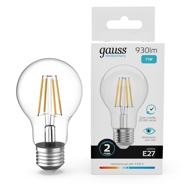 лампа филаментная GAUSS Filament Elementary 11Вт Е27 930Лм 4100К груша А60