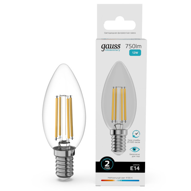 лампа филаментная GAUSS Filament Elementary 12Вт Е14 750Лм 4100К свеча C35