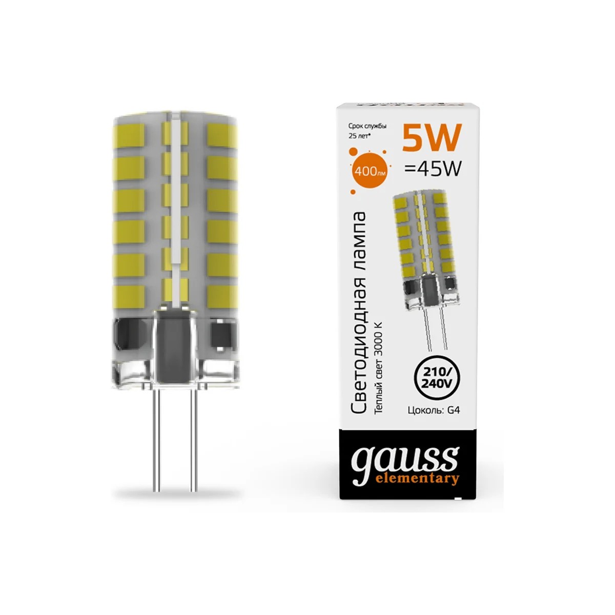 Лампа Gauss Elementary G4 AC210-240V 5W 400lm 3000K силикон LED