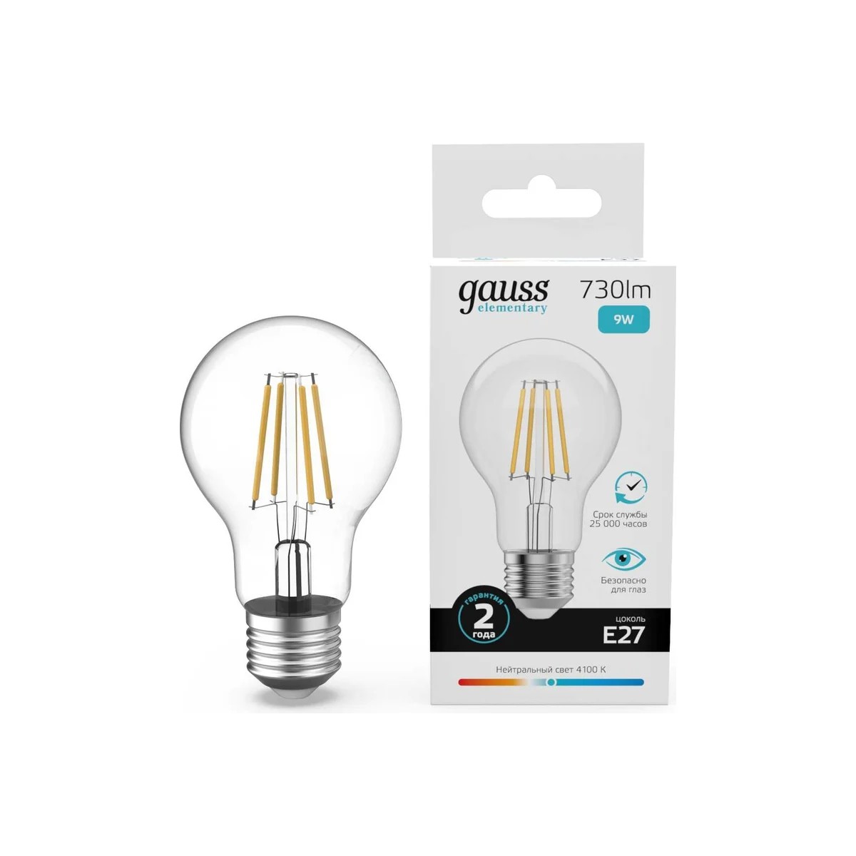 Лампа Gauss Filament Elementary А60 9W 730lm 4100К Е27 LED