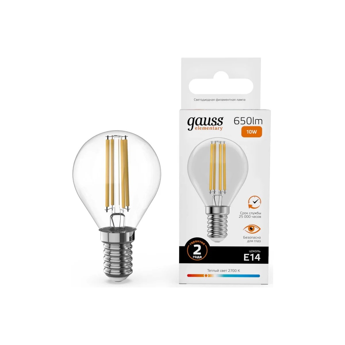 Лампа Gauss Filament Elementary Шар 10W 650lm 2700К Е14 LED