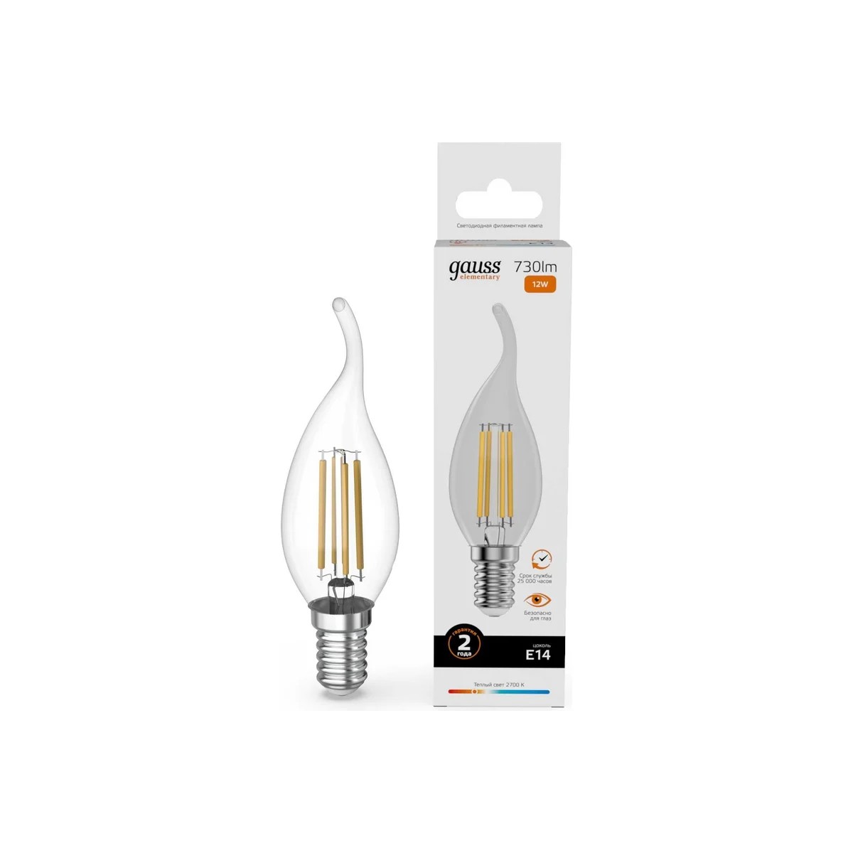 Лампа Gauss Filament Elementary Свеча на ветру 12W 730lm 2700К Е14 LED