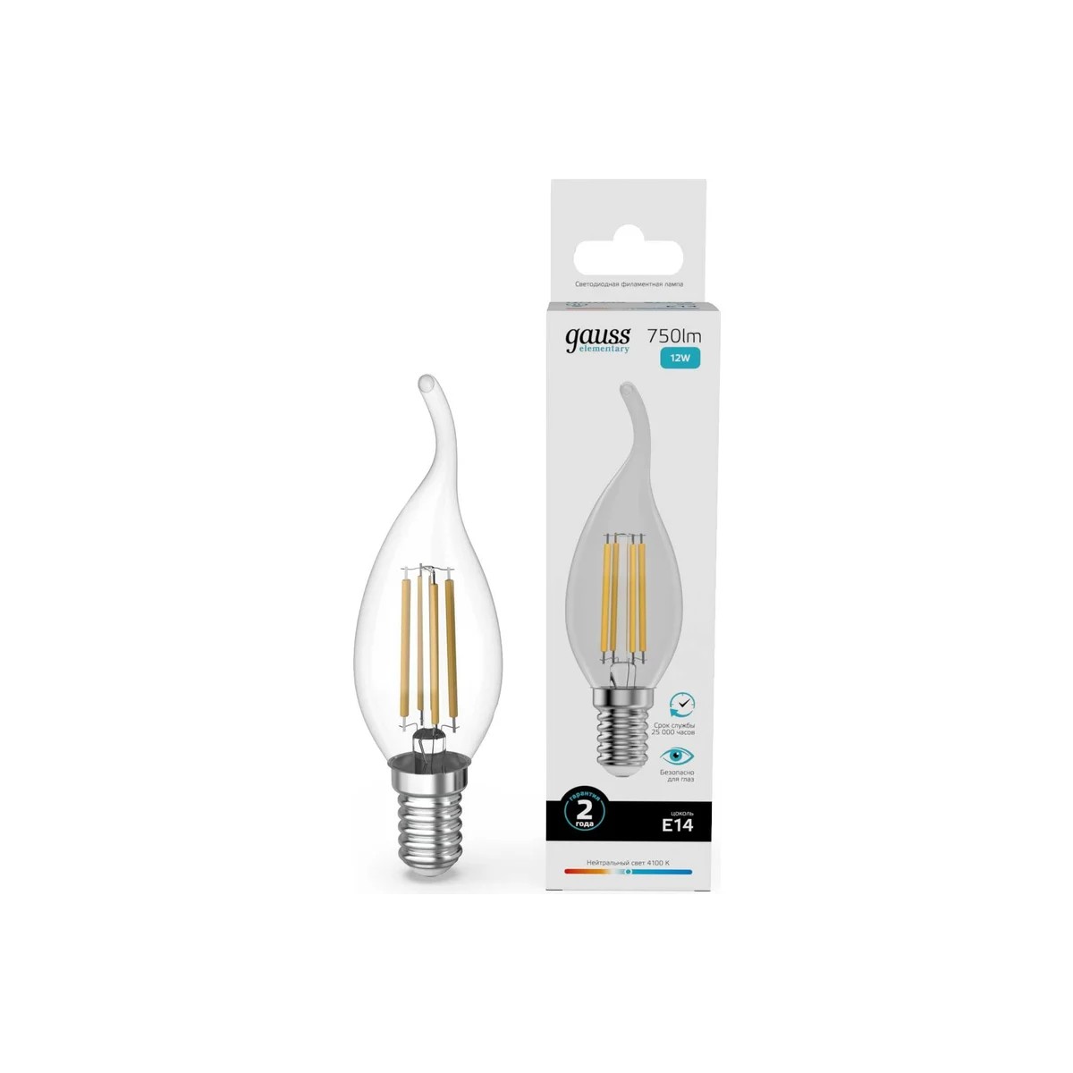 Лампа Gauss Filament Elementary Свеча на ветру 12W 750lm 4100К Е14 LED