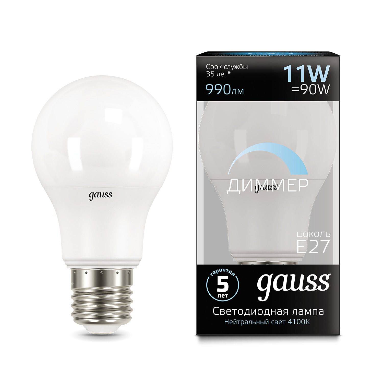 Лампа Gauss LED A60-dim E27 11W 990lm 4100К диммируемая 1/10/50
