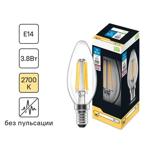 Лампочка филаментная E14 3.8 Вт теплый белый свет
