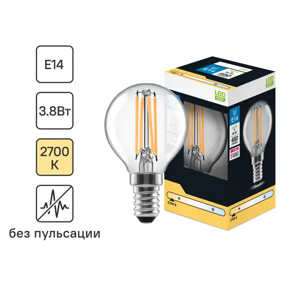 Лампочка филаментная E14 3.8 Вт теплый белый свет шар