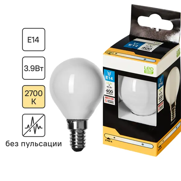 Лампочка филаментная E14 3.9 Вт теплый белый свет