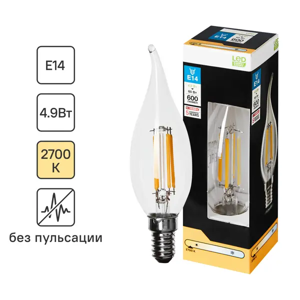 Лампочка филаментная E14 4.9 Вт теплый белый свет