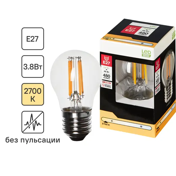 Лампочка филаментная E27 3.8 Вт теплый белый свет