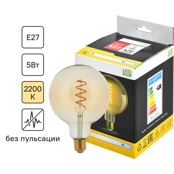 Лампочка светодиодная IEK AMBERVCALSPIRALG120/G125 E27 220 В 5 Вт шар большой прозрачная 470 лм 2200К теплый белый свет