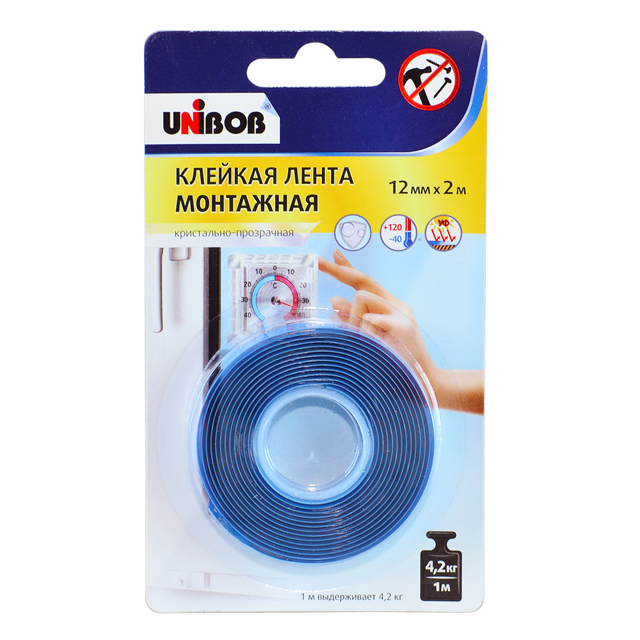 лента клейкая двусторонняя UNIBOB 12 мм х 2 м прозрачная, арт.75541