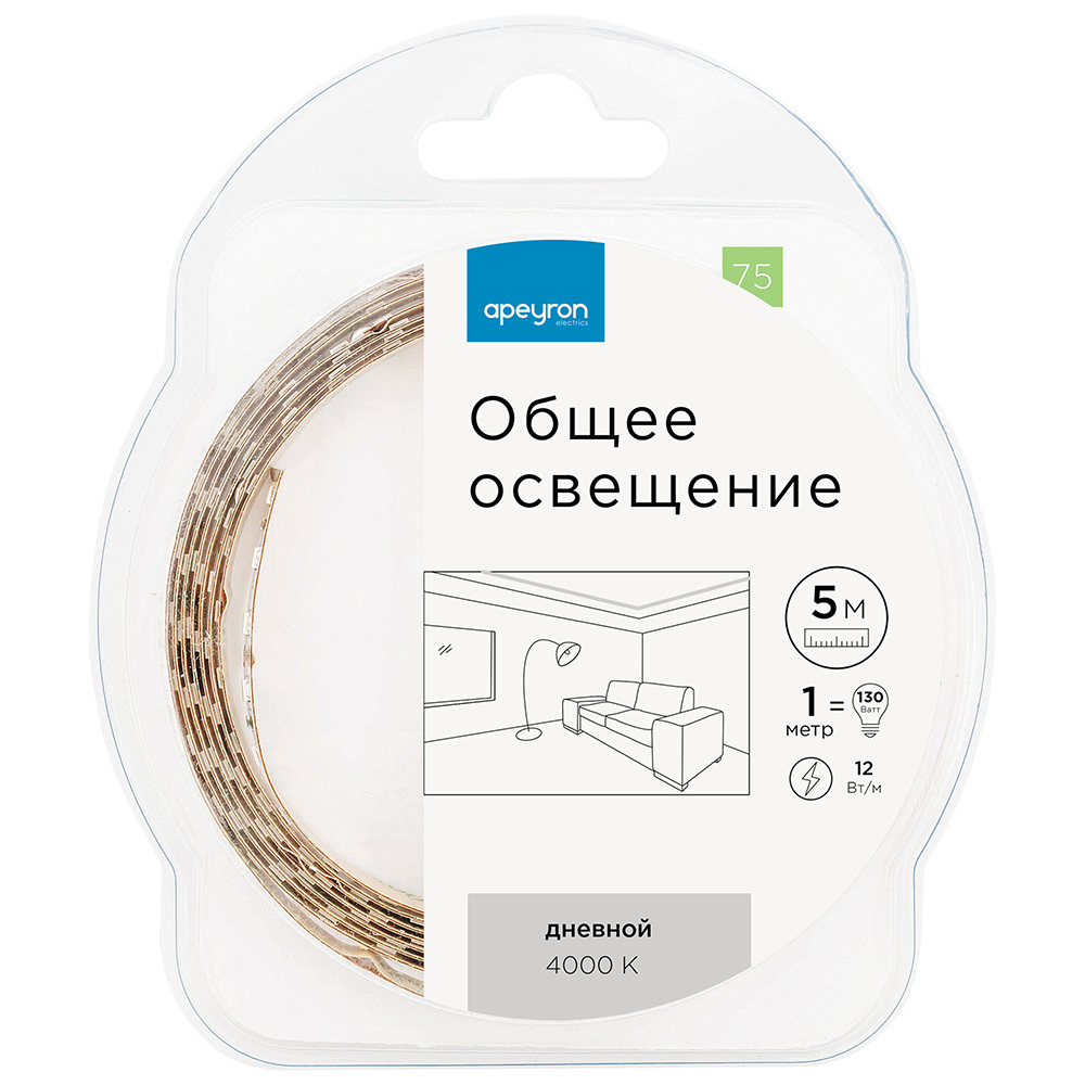 Лента светодиодная Apeyron 4000К 12 Вт/м 12 В IP20 SMD 2835 5 м (75ОО)