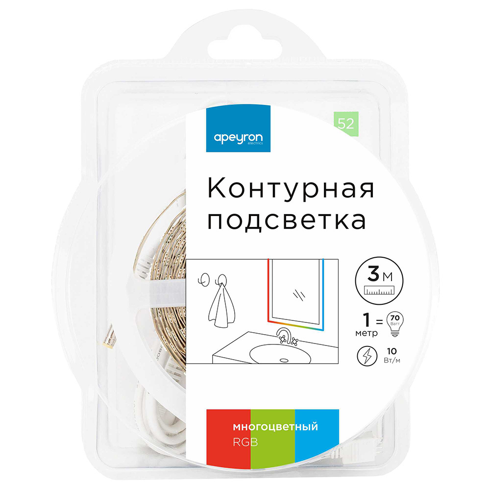 Лента светодиодная Apeyron RGB свет 10 Вт/м 12 В IP65 SMD 5050 3 м (52КП)