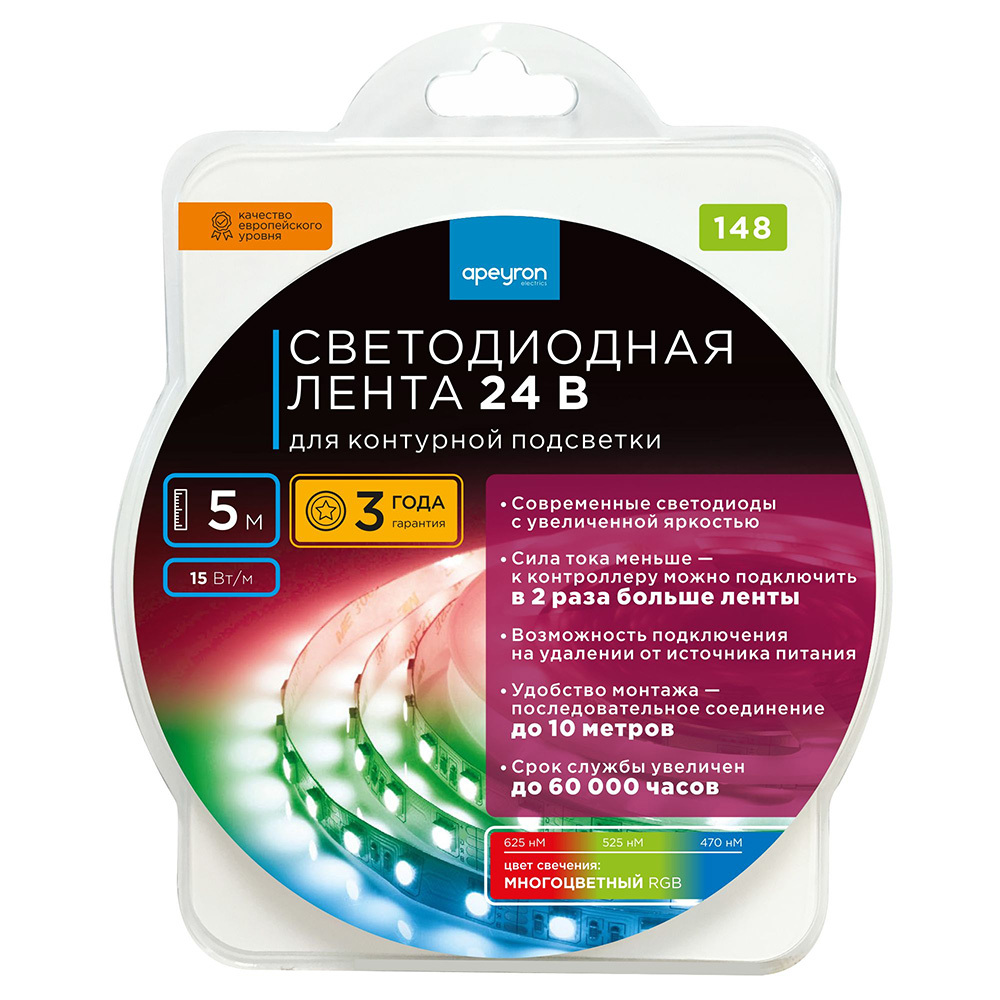 Лента светодиодная Apeyron RGB свет 15 Вт/м 24 В IP20 SMD 5050 5 м (148КП)